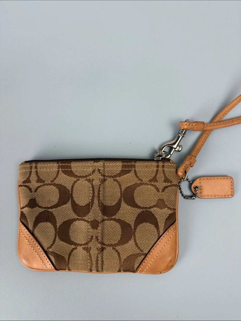 Coach Brown Signature Canvas Wristlet with Tan Leather Accents